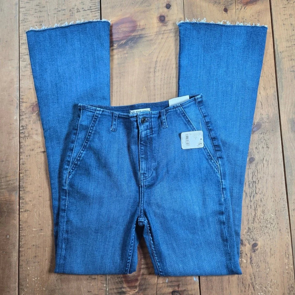 Free People We The Free Level Up Slit Bootcut Jeans Blue Flare Raw Hem 28x31